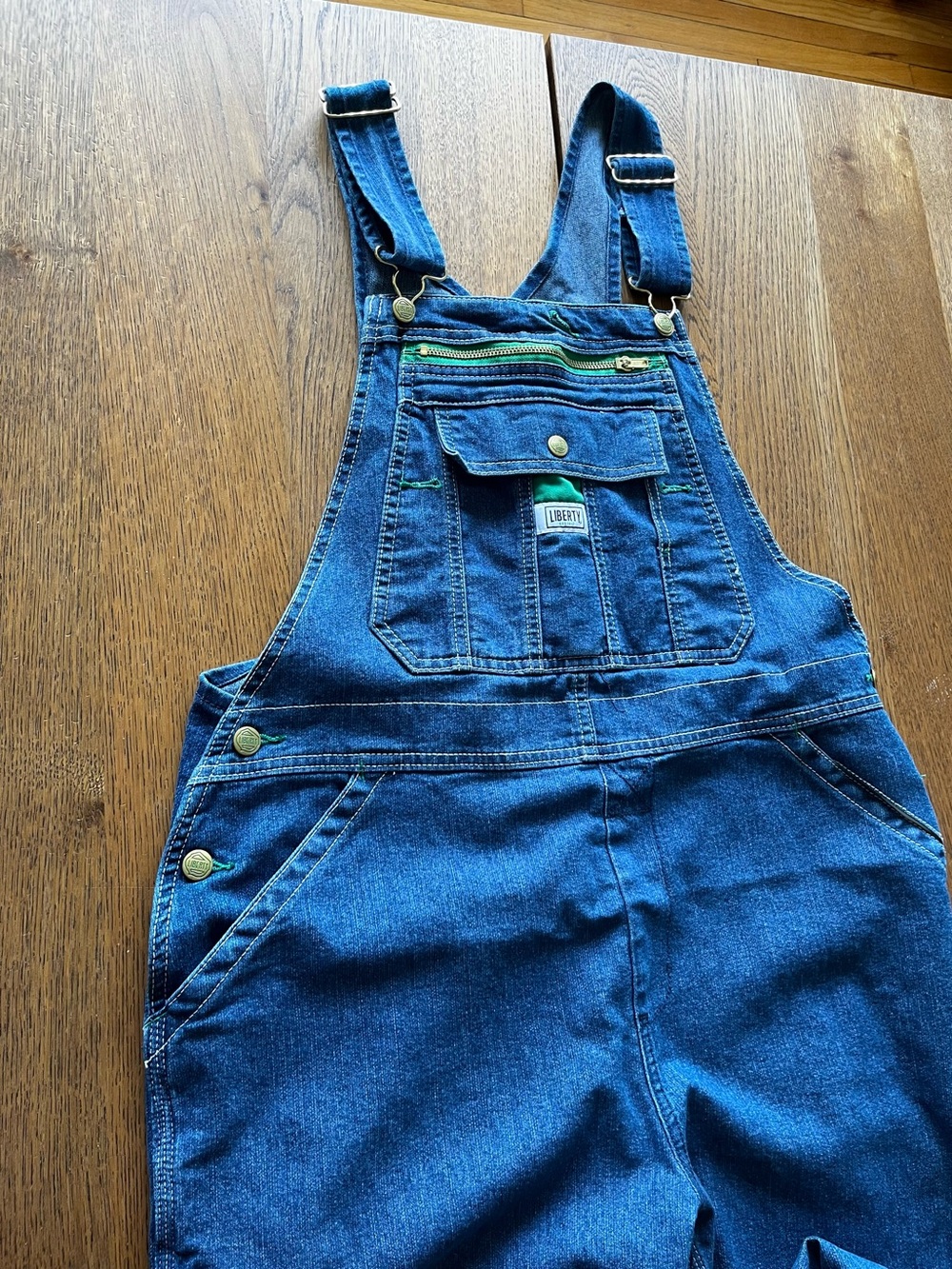 Liberty Blue Denim Flex Size L Overalls with Green Trim Unisex
